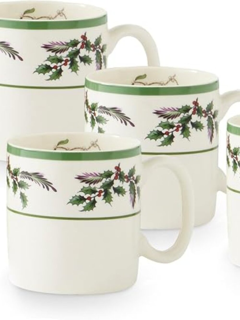 SPODE Christmas Tree Collection Holly Mugs Set of 4 9 Oz. in Green and White NIB